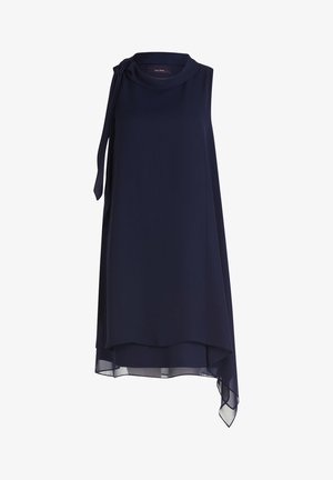Navy-blaues ärmelloses Tunika-Kleid mit Rundhalsausschnitt, asymmetrischem Saum und einer Schlaufe am linken Schulter. Glatte Stofftextur, fließendes Design.