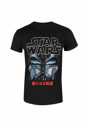 Black cotton t-shirt featuring a graphic of a helmeted figure with blue highlights, and "STAR WARS" text above in bold white lettering.