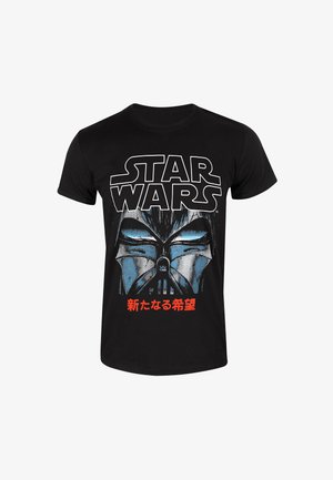 Black cotton t-shirt featuring a graphic of a helmeted figure with blue highlights, and "STAR WARS" text above in bold white lettering.