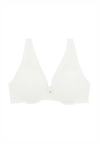 Soutien-gorge en dentelle blanche avec un décolleté plongeant, des bonnets triangulaires, des bords festonnés et un détail de bouton décoratif au centre avant.