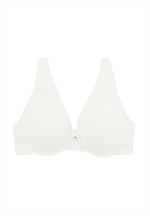 Soutien-gorge en dentelle blanche avec un décolleté plongeant, des bonnets triangulaires, des bords festonnés et un détail de bouton décoratif au centre avant.