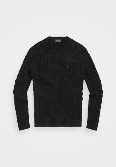 Pull à col rond en tricot noir avec des manches longues et un petit logo rouge Polo Ralph Lauren sur la poitrine.