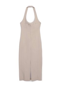 Vestito beige fitted con scollo all'americana, zip frontale, spacco all'altezza del ginocchio e texture liscia. Design semplice con dettagli delle cuciture.