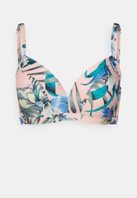 Sutiã com uma base rosa claro apresentando um padrão floral tropical em azul e verde. Possui copas almofadadas e alças ajustáveis.