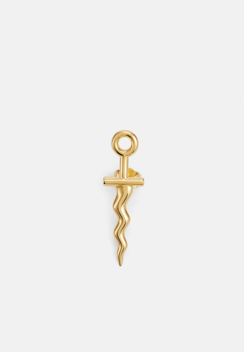 Goldfarbener Metallbrosche in Form eines wellenförmigen Dagger mit kreisförmigem Kopf, ausgestattet mit einer glatten, glänzenden Oberfläche und minimalistischem Design.