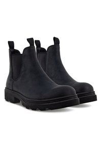 Bottines Chelsea noires en matériau synthétique lisse avec des panneaux élastiques sur les côtés, bout rond et semelle en caoutchouc texturé.