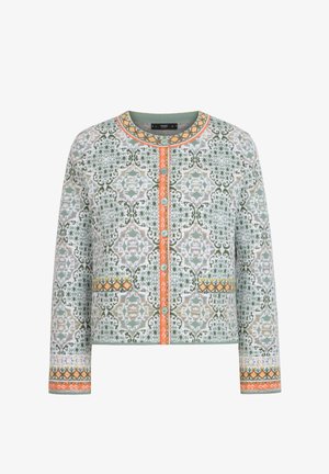 Pastelgrøn cardigan med intrikate blomster- og geometriske mønstre, orange accenter, rund halsudskæring og knaplukning.