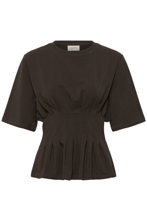 Σκούρος καφέ κοντομάνικος τοπ με στρογγυλή λαιμόκοψη. Έχει πτυχώσεις στη μέση και εφαρμοστή σιλουέτα. Φτιαγμένο από απαλό βαμβακερό υλικό.