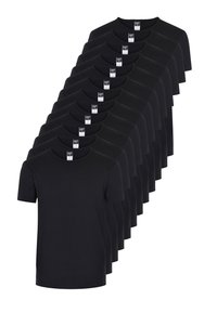 Sorte bomulds T-shirts præsenteret i et gentaget mønster, med korte ærmer og rund hals. Minimalistisk design, ingen synlige grafik.
