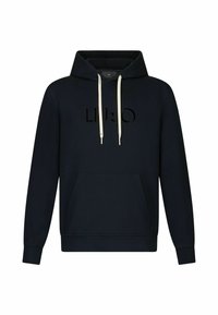 Hoodie noir avec poche kangourou avant, cordons blancs et logo "LIU JO" en relief sur la poitrine, présenté sur fond blanc.