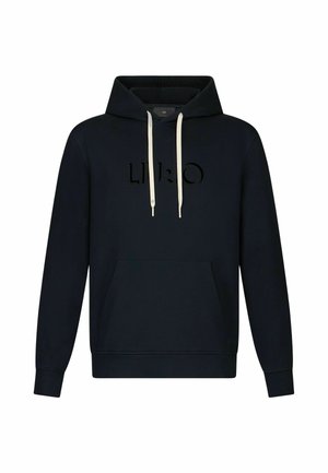 Zwarte hoodie met voorzak, witte trekkoorden en reliëf "LIU JO" logo op de borst, weergegeven op een witte achtergrond.