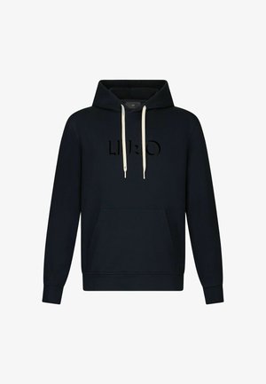 Schwarzer Kapuzenpullover mit weißen Kordeln, vorderer Kängurutasche und dezent geprägtem "LIU JO"-Logo auf der Brust.