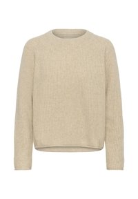 Pull beige à côtes avec un col rond, des manches raglan longues et un ourlet légèrement court. Texture douce avec une coupe décontractée.