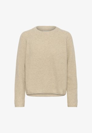 Beige ribbad tröja med rund hals, långa raglanärmar och en något avkortad nederkant. Mjuk текстur med en avslappnad passform.