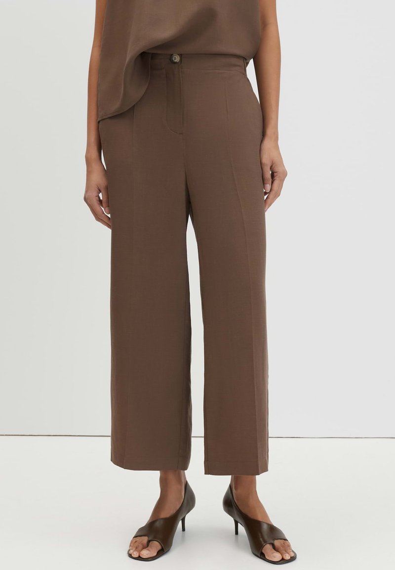 Woman wearing brown high-waist wide-leg trousers paired with dark brown open-toe heeled shoes, standing against a plain light background.