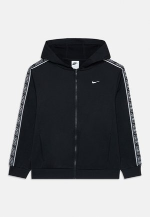 Black Nike zip-up hoodie with white logo on chest and branded tape along sleeves, featuring a hood and front pockets.