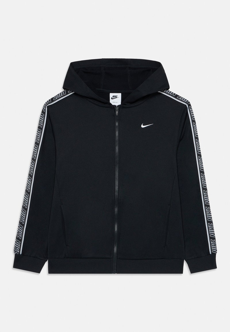 Μαύρο φούτερ Nike με φερμουάρ, με λευκό λογότυπο στο στήθος και επωνυμοποιημένη ταινία κατά μήκος των μανικιών, διαθέτοντας κουκούλα και μπροστινές τσέπες.