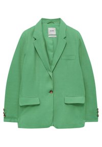 Groene blazer van textuurstof, voorzien van een geknipt kraag, een enkele borstzak, twee voorzakken en knoopmanchetten.