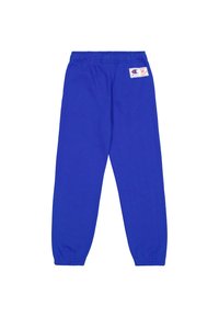 Blauwe joggingbroek gemaakt van zachte stof, met een elastische tailleband, tapered leg ontwerp en een logo patch op de bovenste linkerkant.