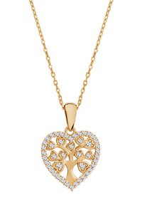 Złoty wisiorek w kształcie serca z wzorem drzewa, ozdobiony przezroczystymi kamieniami. Połączony łańcuszek do noszenia na szyi.