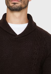 Brun strikket sweater med sjalskrave, der har teksturerede mønstre og kabelstrikdesign langs skuldrene. Bæres over en hvid skjorte.