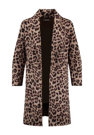 Leopard print cardigan, soft material, open front design, three-quarter sleeves, neutral beige and brown colors, lightweight texture.