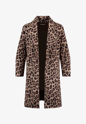 Kardigan w panterkę, miękki materiał, z otwartym przodem, rękawy o długości trzy czwarte, neutralne kolory beżowy i brązowy, lekka tekstura.