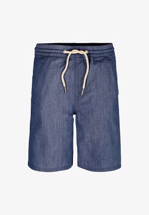 Shorts in denim con cintura regolabile in beige, con un tessuto blu testurizzato e tasche laterali. Progettati per un look casual.