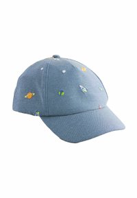 Blå tygkeps med broderade planeter, en raket och tennisbollsmönster. Rundad skärm och justerbar bakrem.