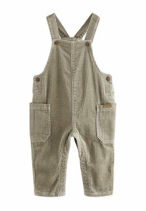 Khalbige Corduroy-Latzhose mit vertikalen Rippen, verstellbaren Trägern, zwei Fronttaschen und runden braunen Knöpfen.