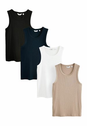 Fire ribbede ærmeløse toppe i sort, navy, hvid og beige. Hver har en rund halsudskæring og et blødt, struktureret stof.