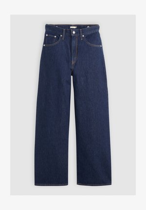 Jeans din denim albastru închis, cu croi larg și talie înaltă, având cinci buzunare și cusături contrastante. Textură netedă cu un design simplu.