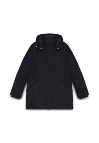 Dunkelblauer Parka mit hohem Kragen, Reißverschluss vorne, zwei Seitentaschen und Druckknöpfen am Kragen für einen sicheren Verschluss.