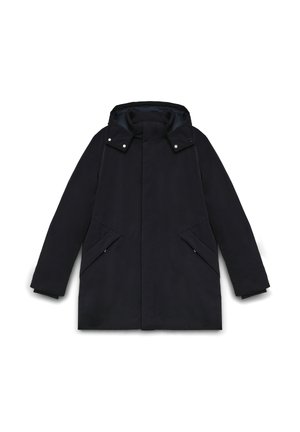 Dunkelblauer Parka mit hohem Kragen, Reißverschluss vorne, zwei Seitentaschen und Druckknöpfen am Kragen für einen sicheren Verschluss.