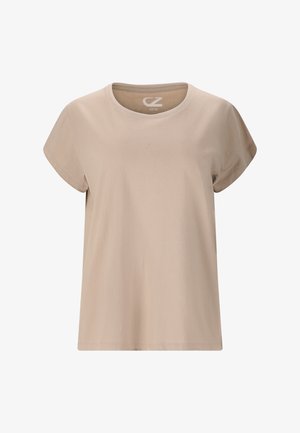 Beige bomulds t-shirt med rund halsudskæring, korte ærmer og afslappet pasform. Har minimal syning og en blød, glat tekstur.