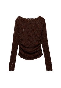 Bruine kant lange mouwen top met een relaxte pasvorm. Heeft een ronde halslijn en geplooide details aan de zijkanten voor textuur.