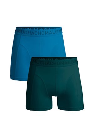 Bokserki w kolorze niebieskim i ciemnozielonym, z miękkim elastycznym paskiem w talii z logo "MUCHACHO MALO". Gładki materiał i dopasowany krój.