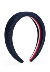 Bandă de cap din stofă albastru închis, cu o textură netedă și un design curbat. Interiorul prezintă dungi roșii, albe și albastre.