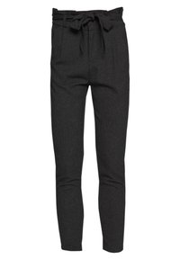 Dark gray tailored trousers with a tie belt at the waist, featuring front pleats and a fitted tapered leg design in textured fabric.
