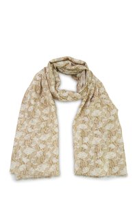 Beige sjaal met een ingewikkeld bladerenpatroon in het wit. Lichte stof met een zachte textuur en franjes aan de randen.