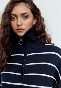Marineblauer Pullover mit weißen horizontalen Streifen, mit hohem Kragen und einem Reißverschluss mit rundem Zipper-Anhänger. Weiche, gestrickte Stoffstruktur.