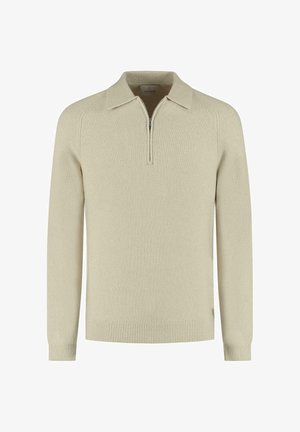 Beige knit pullover with a zippered collar, long sleeves, and ribbed cuffs and hem. Textured fabric with a relaxed fit.