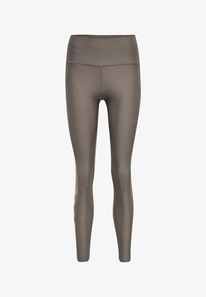 Hooggetailleerde, full-length taupe legging met zijzak en reflecterende strepen op het onderste linkerbeen.