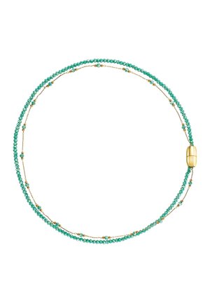 Collana a doppio filamento con piccole perle turchesi su un filo e perle alternate turchesi e dorate su una sottile catenina d'oro sull'altro filo.