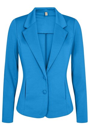 Blazer bleu pour femmes avec revers crantés, deux boutons devant, manches longues et taille cintrée.