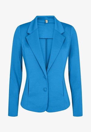 Blå damesblazer med hakkede revers, to frontknapper, lange ærmer og figursyet talje.