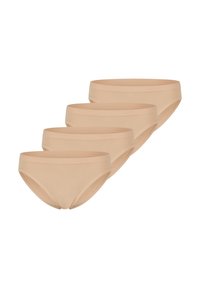 Culottes en coton beige vendues par pack de quatre, dotées d'une texture lisse, d'une taille douce et d'une coupe classique avec des coutures minimales.