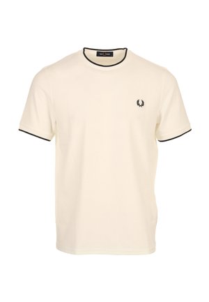 Crèmekleurig T-shirt met korte mouwen en zwarte rand aan de kraag en mouwen, met een klein zwart lauwerkranslogo op de linkerborst.