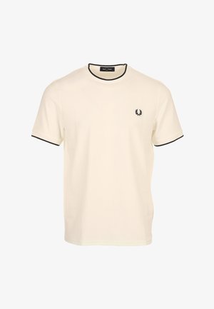 Crèmekleurig T-shirt met korte mouwen en zwarte rand aan de kraag en mouwen, met een klein zwart lauwerkranslogo op de linkerborst.
