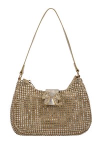 Borsa in oro e argento con una trama metallica testurizzata. Presenta una forma arrotondata, una maniglia liscia e un piccolo fiocco decorativo con abbellimenti.